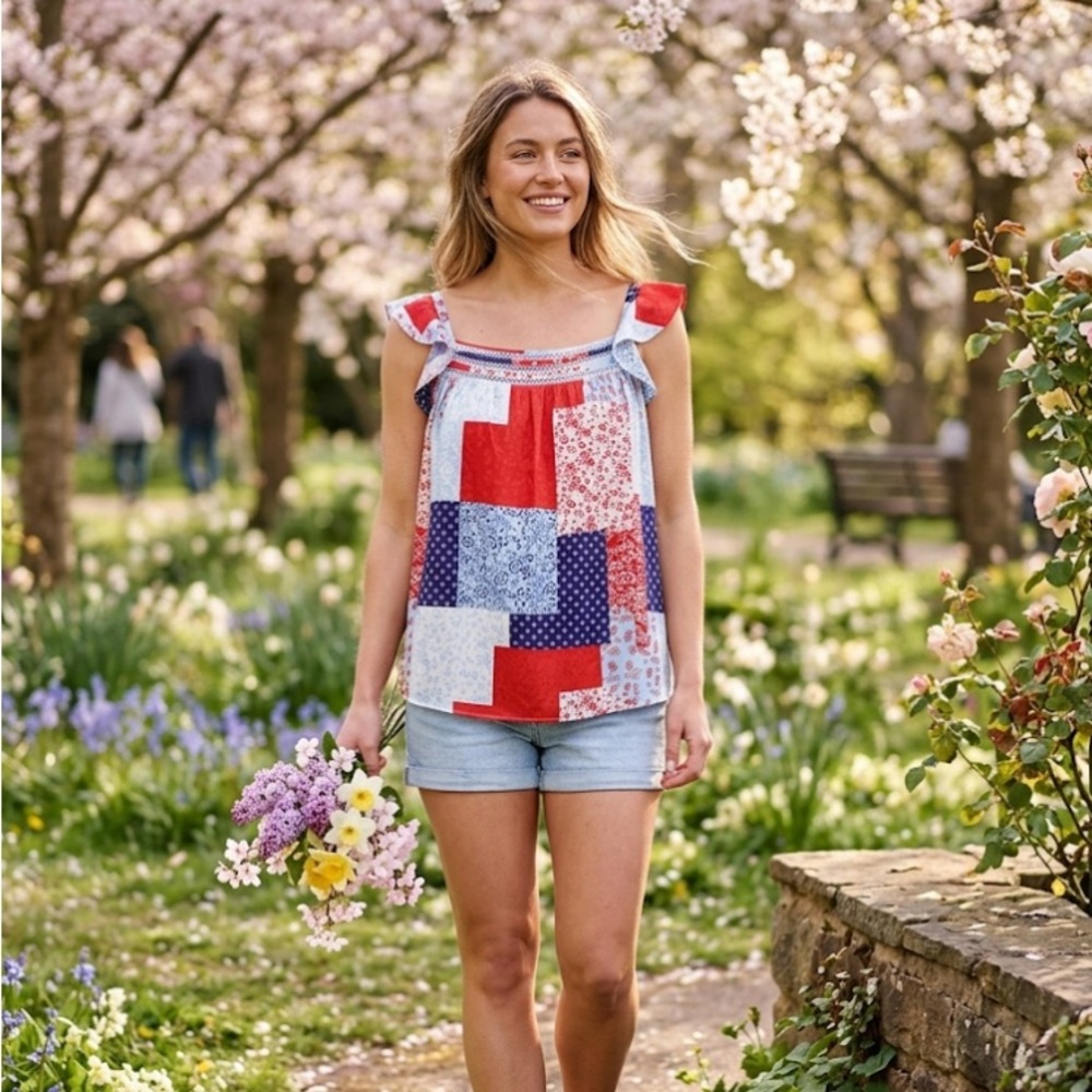 Coco + Carmen Red and Blue Patchwork Blouse